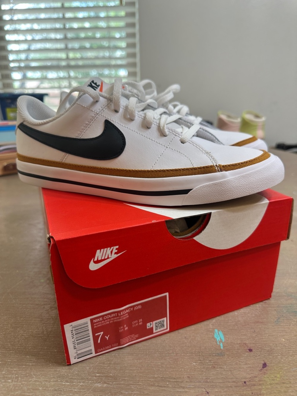 Nike Court Legacy White Sneakers with Black Swoosh and Brown Trim